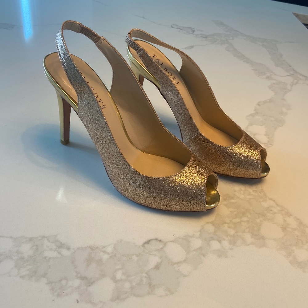 Fine Gold Glitter Slingback Heels, Almost New